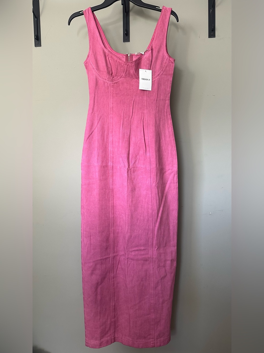 FOREVER 21 XS Pink Solid Knit A-Line Midi Dress Scoop Neck Sleeveless Zip